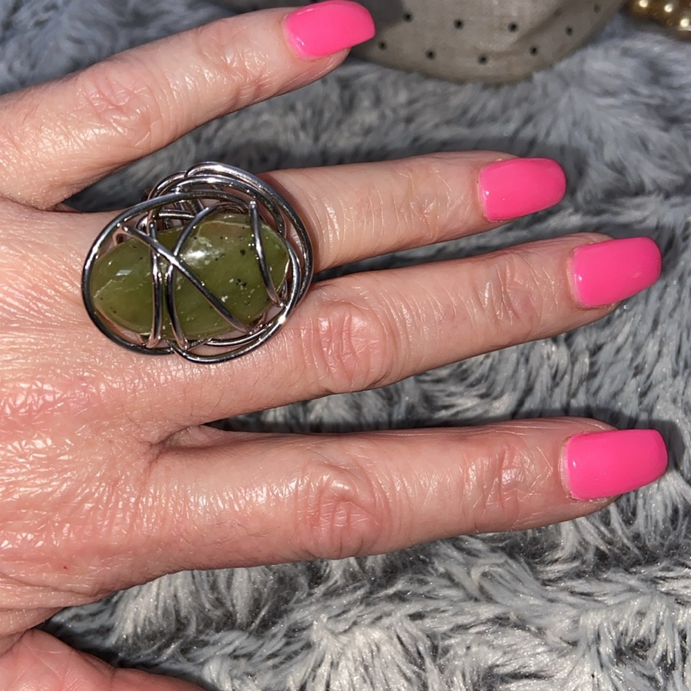 Statement Ring Large Green Stone In Silver Wire S… - image 8